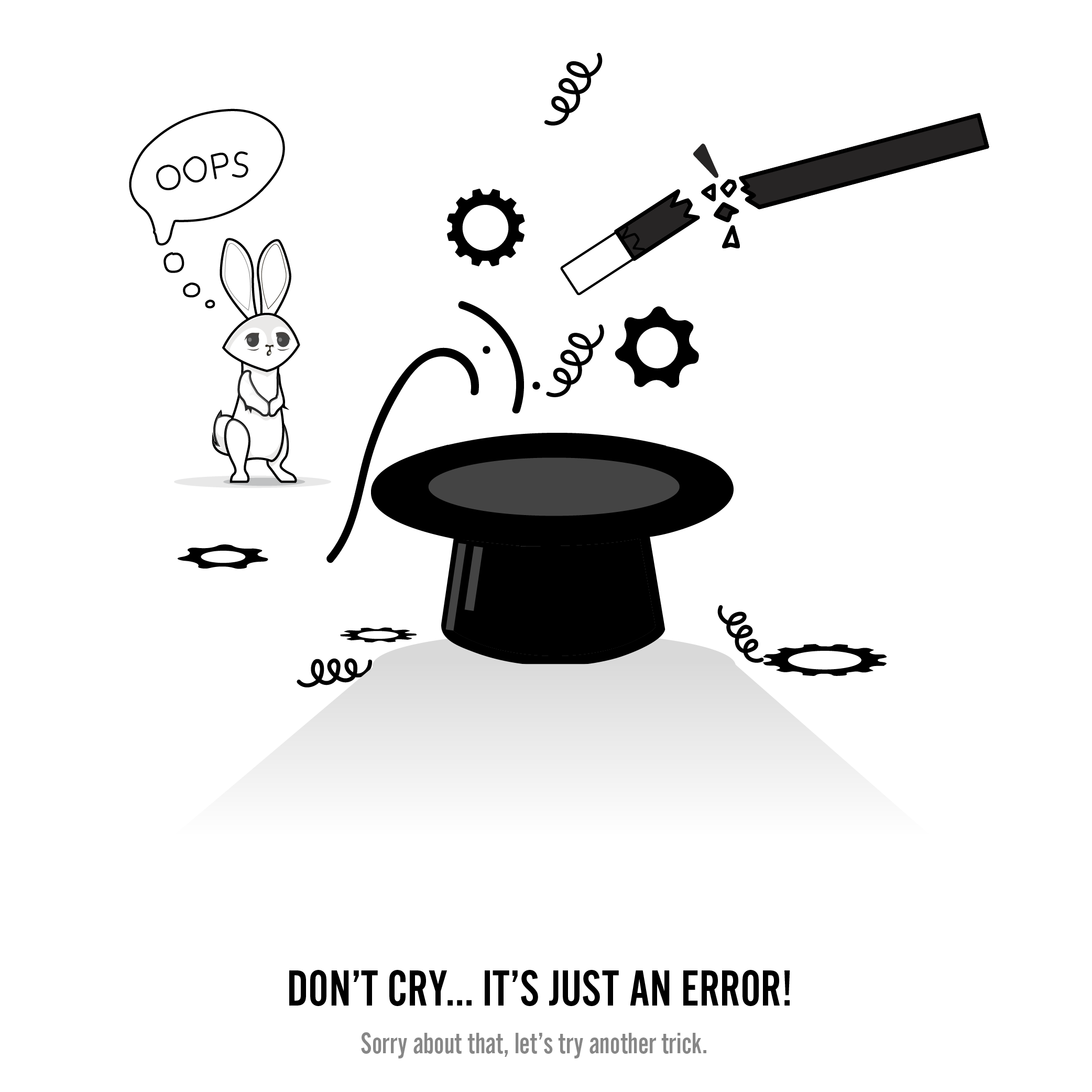 A sad bunny beside an upturned top hat, with a broken wand above